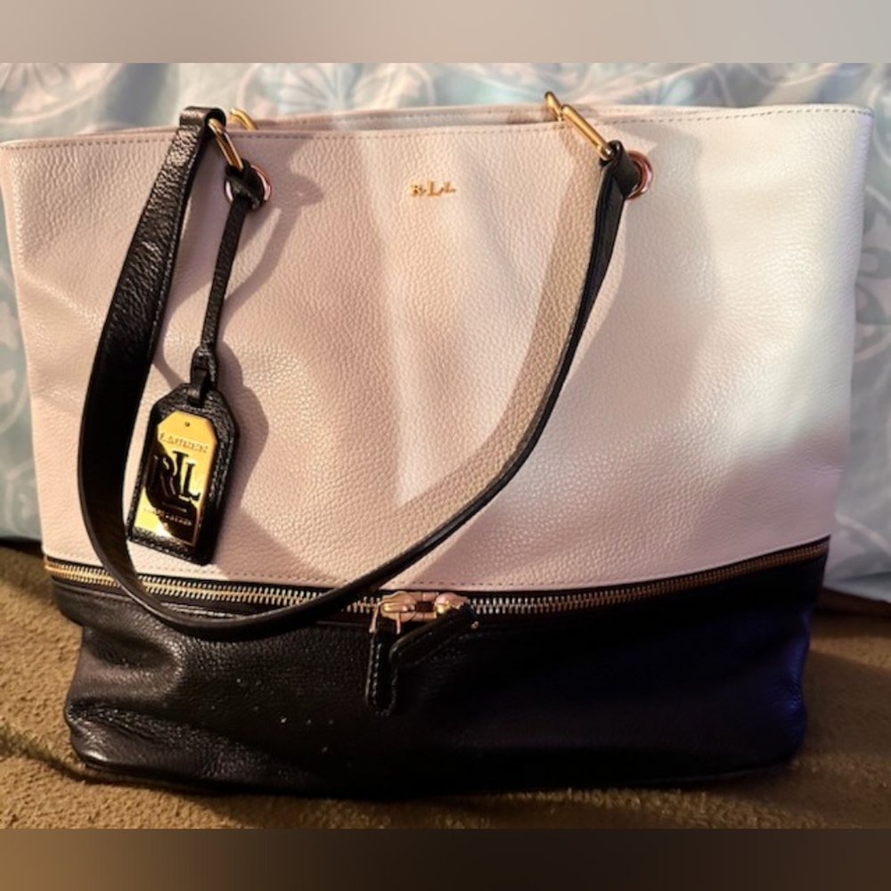 Authentic Ralph Lauren Leather Handbag Cream/Black
